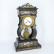 Load image into Gallery viewer, Antique Ebony Embossed and Shell Inlay Portico Clock by J. Valery
