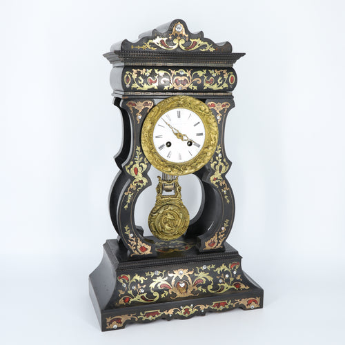 Antique Ebony Embossed and Shell Inlay Portico Clock by J. Valery