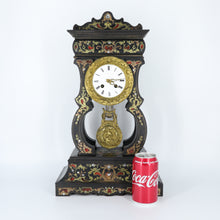 Load image into Gallery viewer, Antique Ebony Embossed and Shell Inlay Portico Clock by J. Valery
