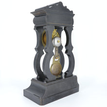 Load image into Gallery viewer, Antique Ebony Embossed and Shell Inlay Portico Clock by J. Valery
